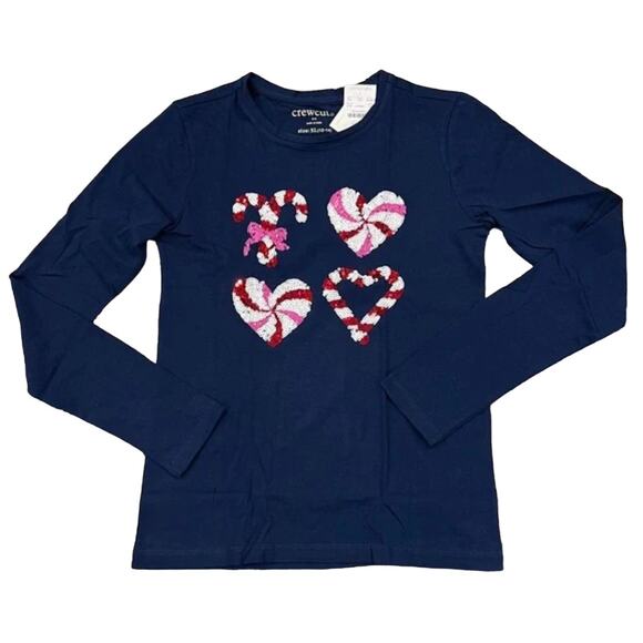 NWT J. Crew Girls' Navy W/Sequined Christmas Candy Cane Tee - XL 12-14 - Picture 1 of 9